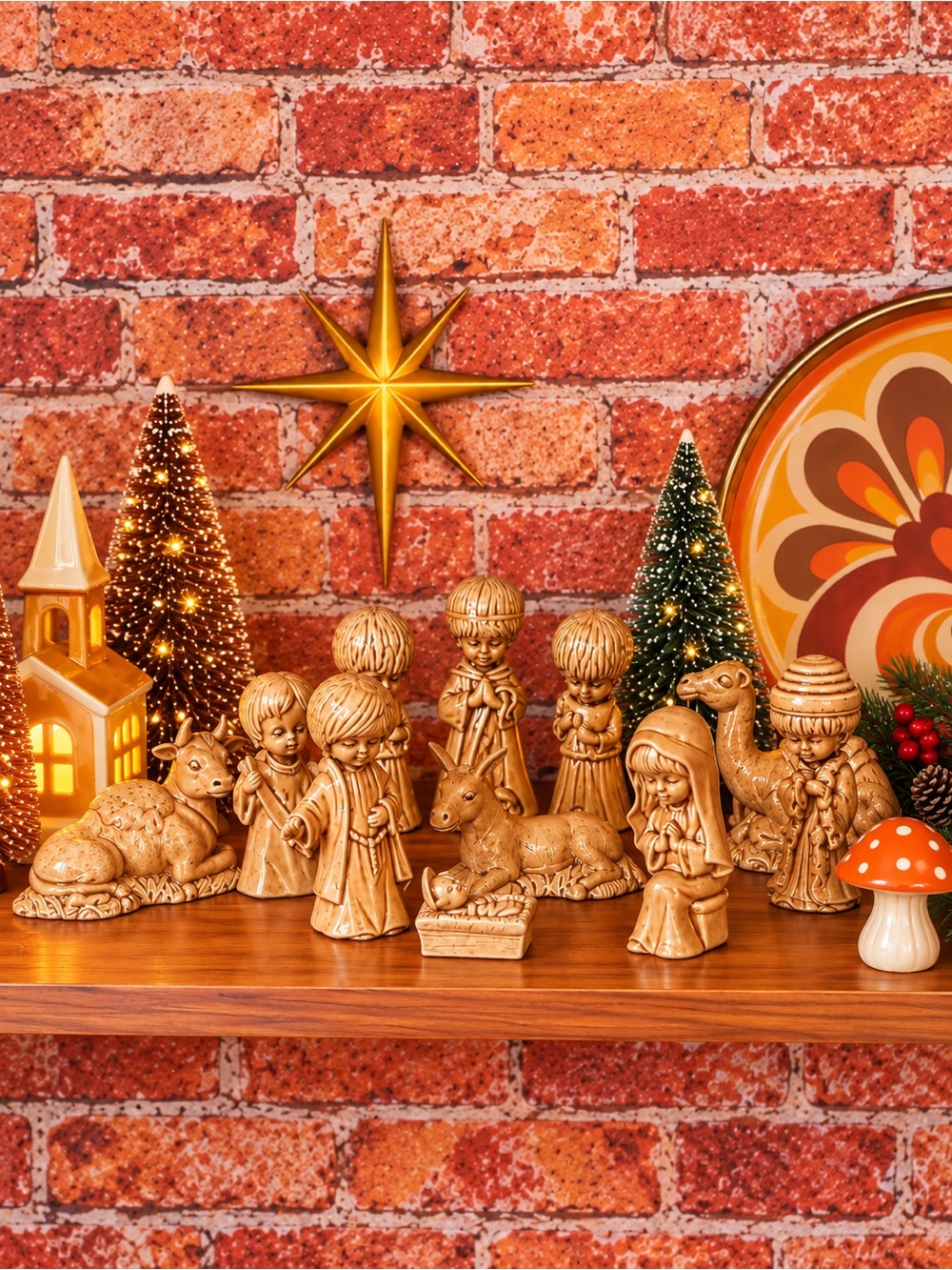 Vintage 70s Duncan Enterprises Tan Glazed Ceramic 12 Piece Nativity Set